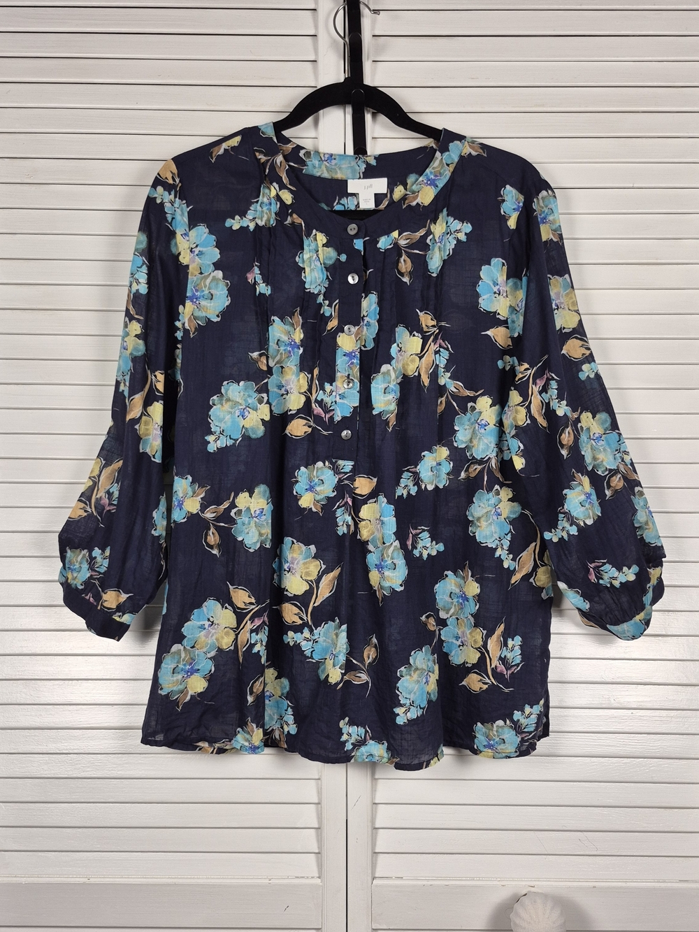 J. Jill 100% Cotton Floral Blouse Women's Large Blue 3/4 Sleeve Peasant Top - Picture 2 of 10